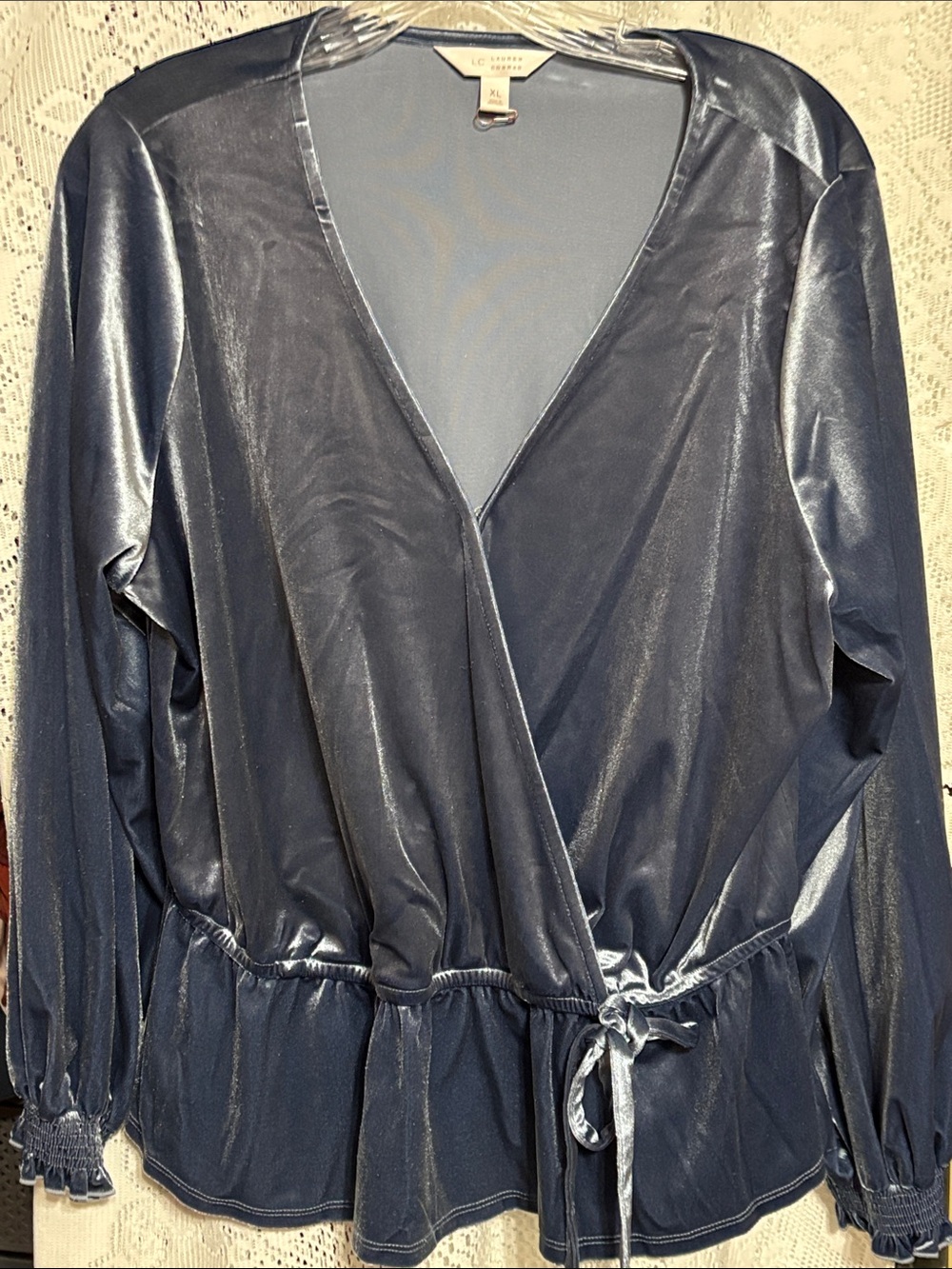 LC Lauren Conrad Shimmery blue velvet peplum Wrap Top